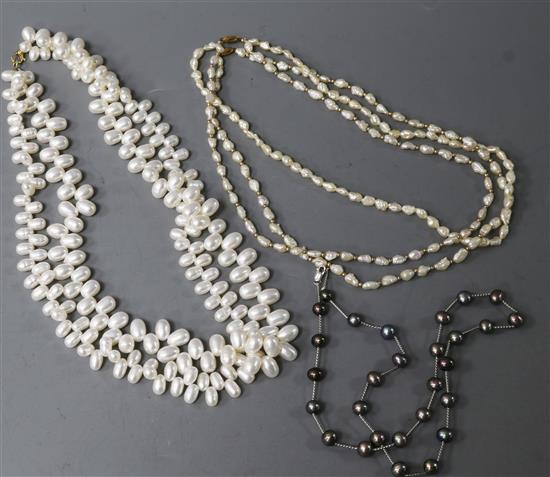 Four assorted cultured pearl necklaces including Tahitian and baroque.